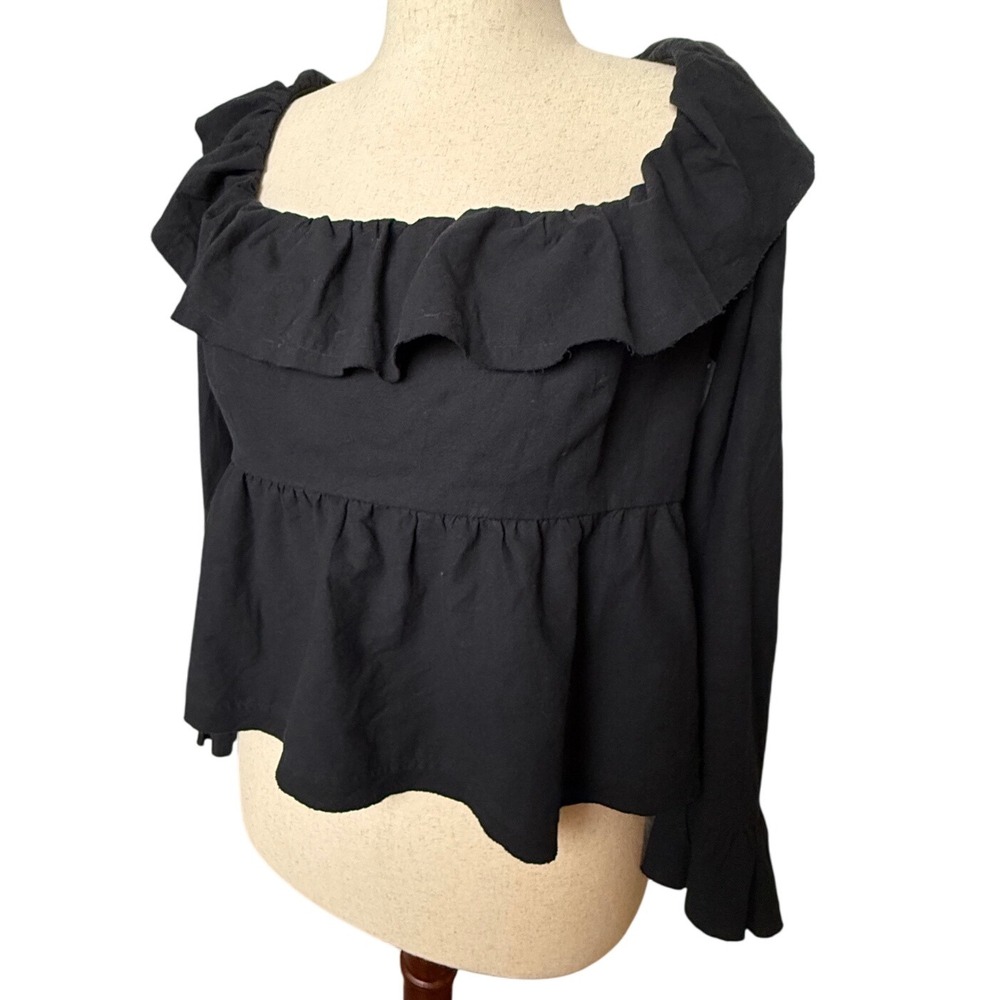 Free People Black Ruffle Square Neck Long Sleeve Tie Back Peplum Top XL